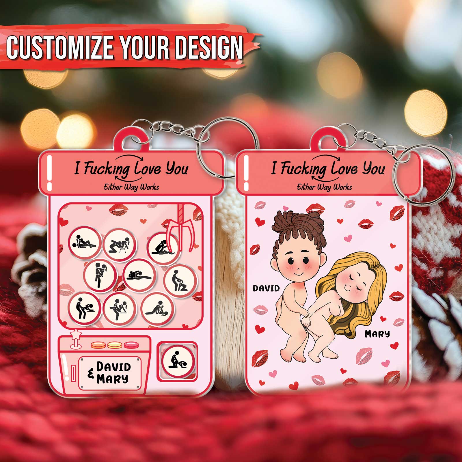 Personalized couple keychain featuring custom illustrations and a heartfelt message for couples