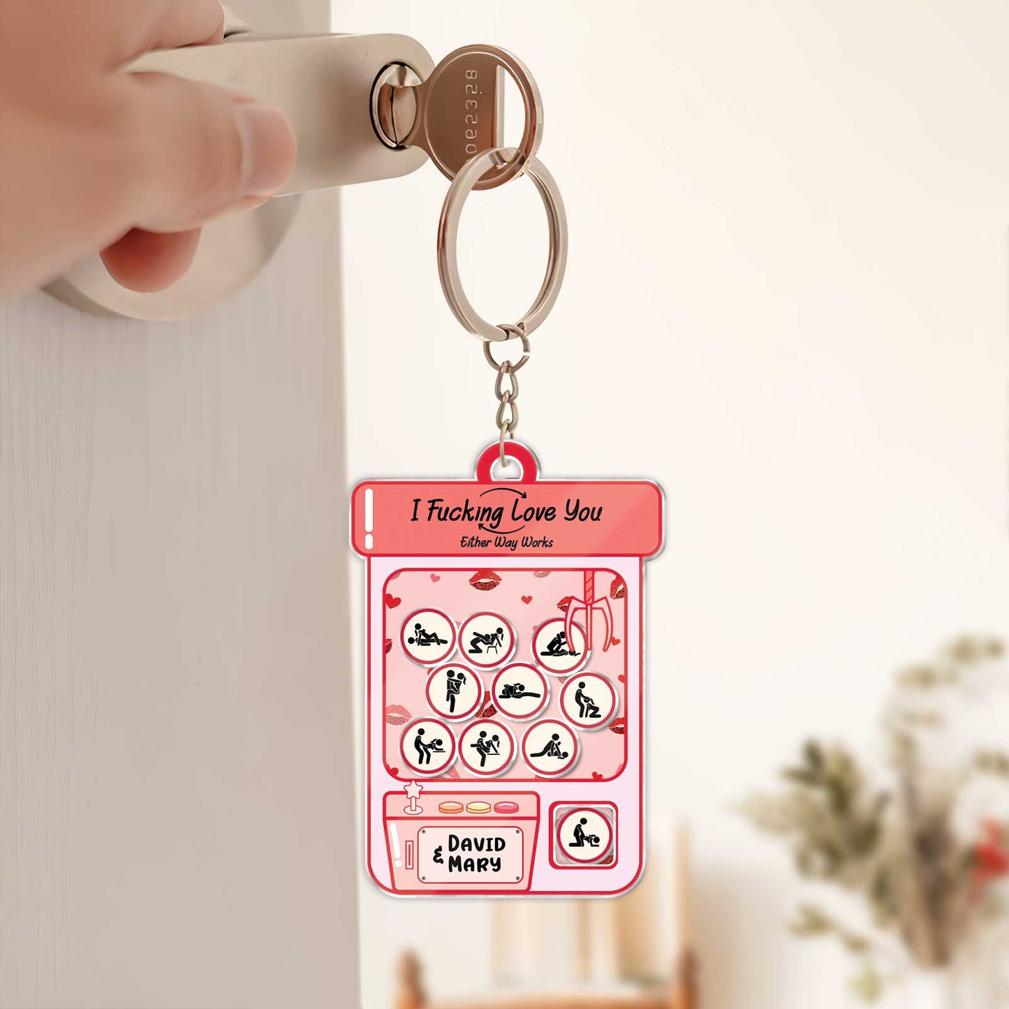Personalized couple keychain featuring a playful love theme with names David and Mary