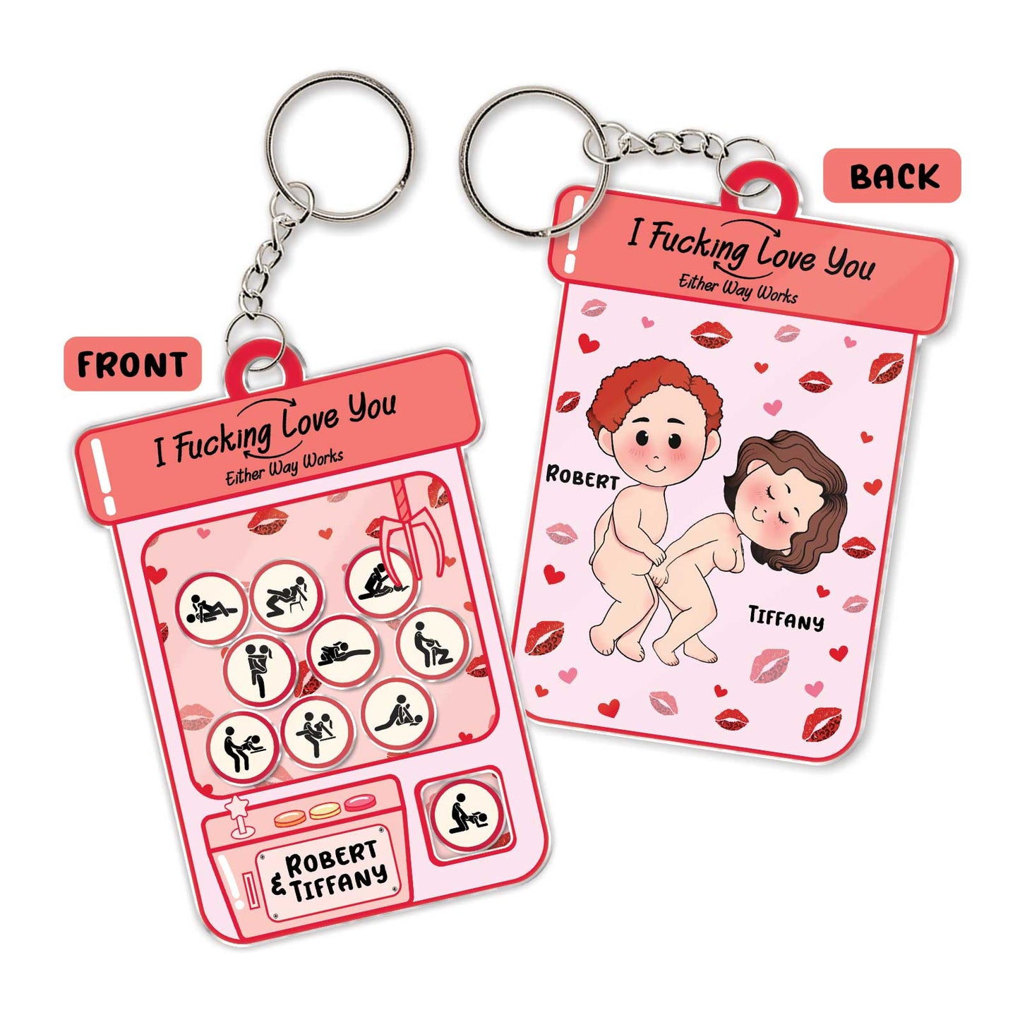 Personalized couple keychain featuring playful romantic designs and names Robert and Tiffany