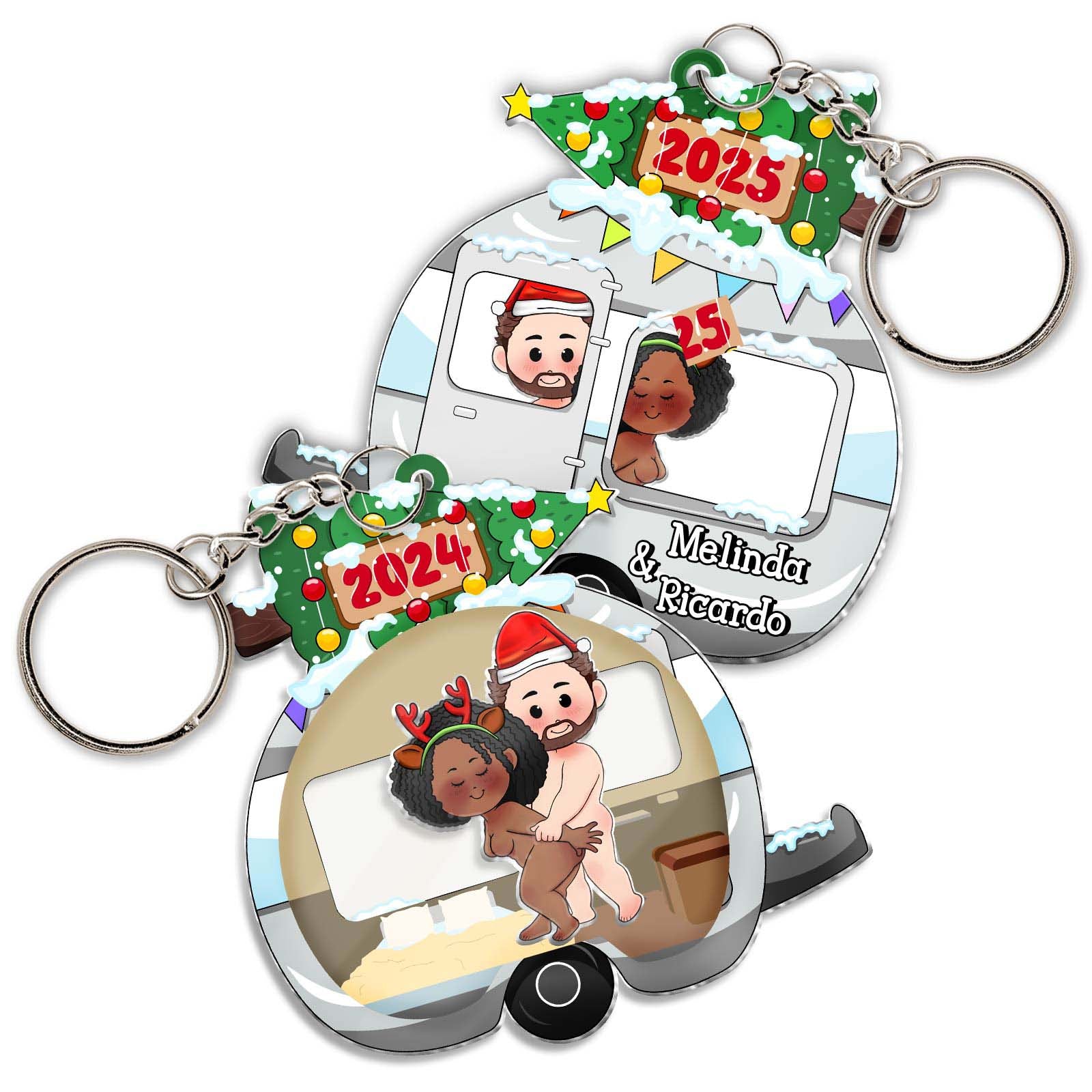 Personalized couple keychain featuring festive holiday design and custom names for unique gifts