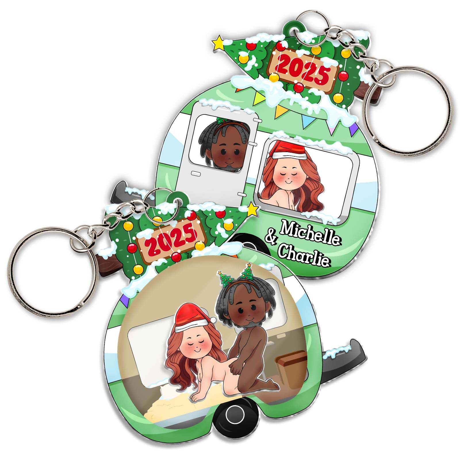 Personalized couple keychain featuring cartoon characters in a festive camper design for 2025