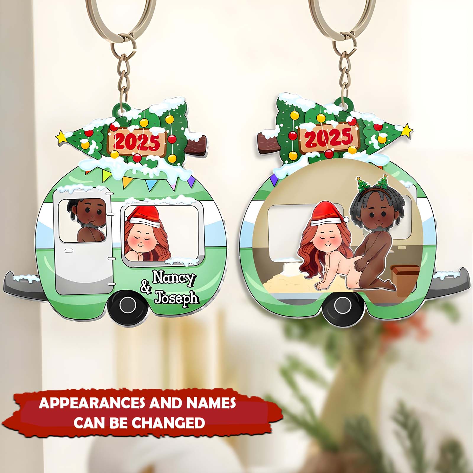 Personalized couple keychain featuring a cartoon camper design with customizable names and festive decorations
