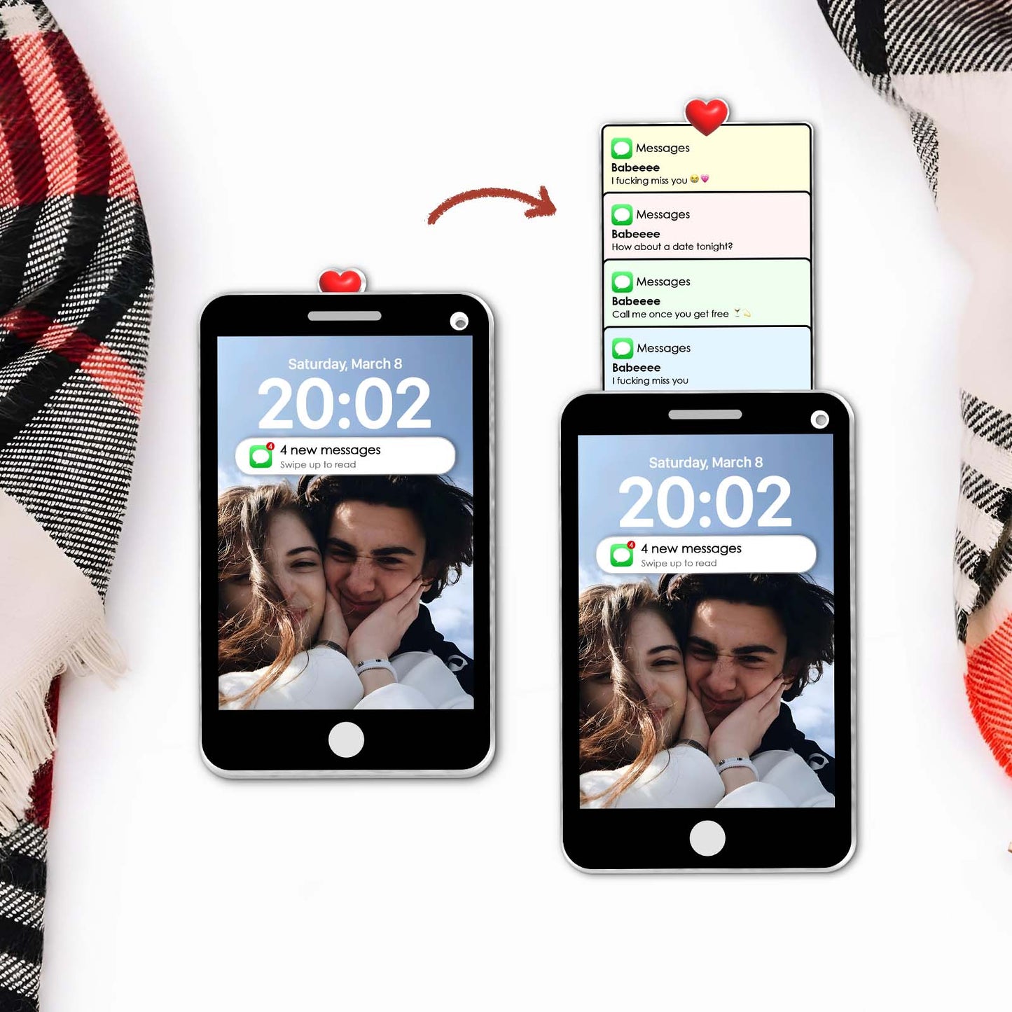 Personalized couple keychain design featuring two smartphones with love messages
