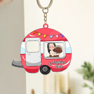 Personalized couple keychain featuring a red camper with cartoon characters for couples