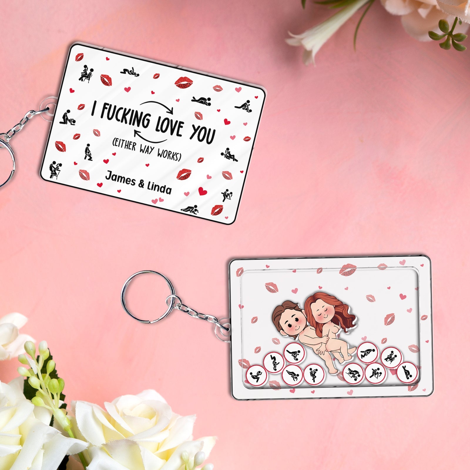 365Gifty personalized couple keychain with romantic cartoon couple and love message on white background