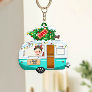Personalized couple keychain featuring a festive camper with snow and a Christmas tree for Sharon and Andy