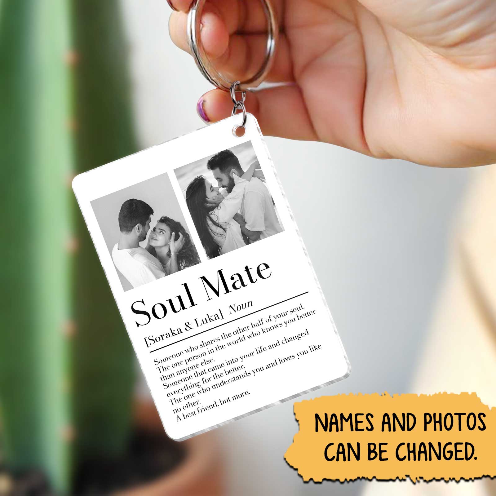 Personalized couple keychain with a photo and definition for soul mates, perfect for gifts