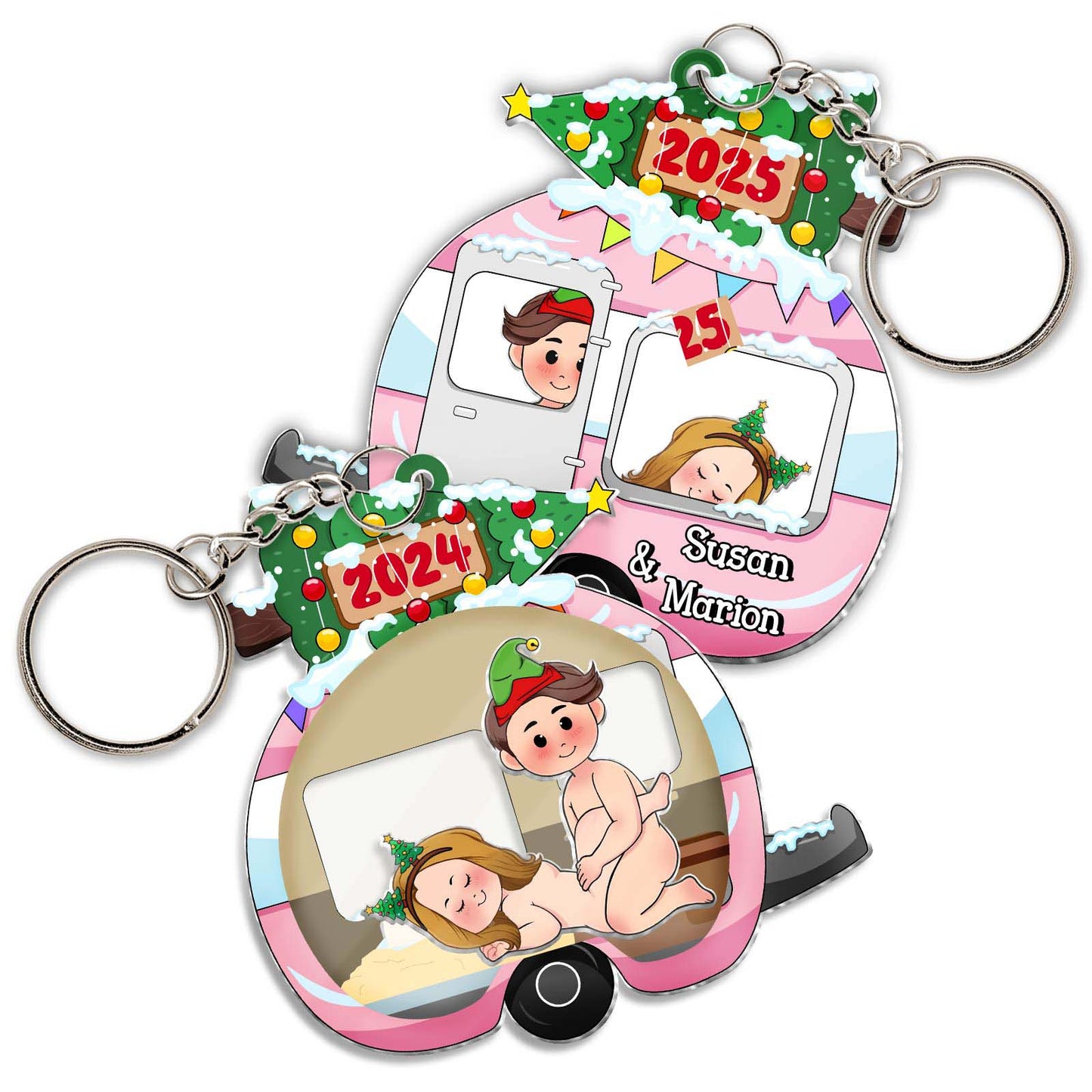 Personalized couple keychain featuring cartoon characters and yearly dates for special memories
