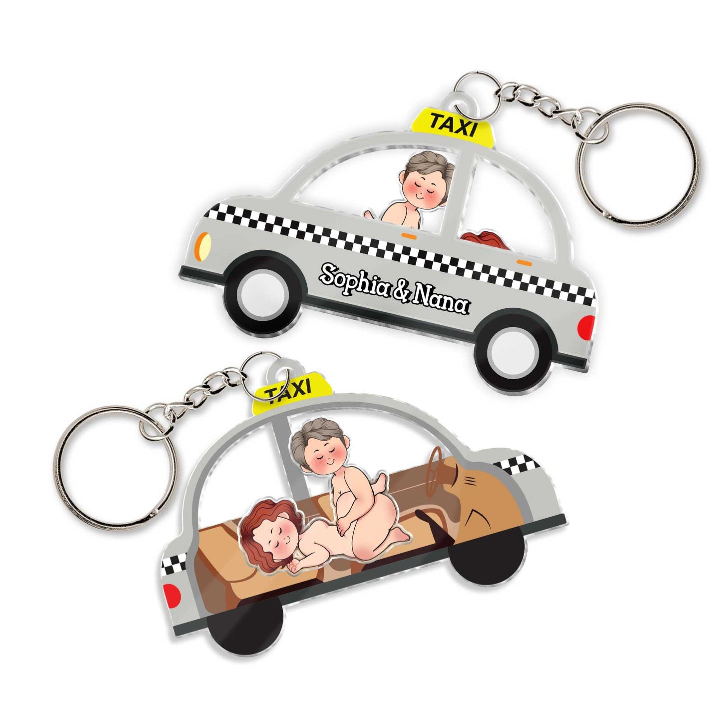 Personalized couple keychain featuring cartoon couple in a taxi design with names