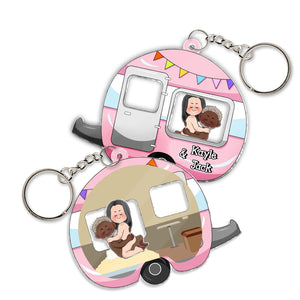 Personalized couple keychain featuring a colorful camper design with custom names Kaylee and Jack