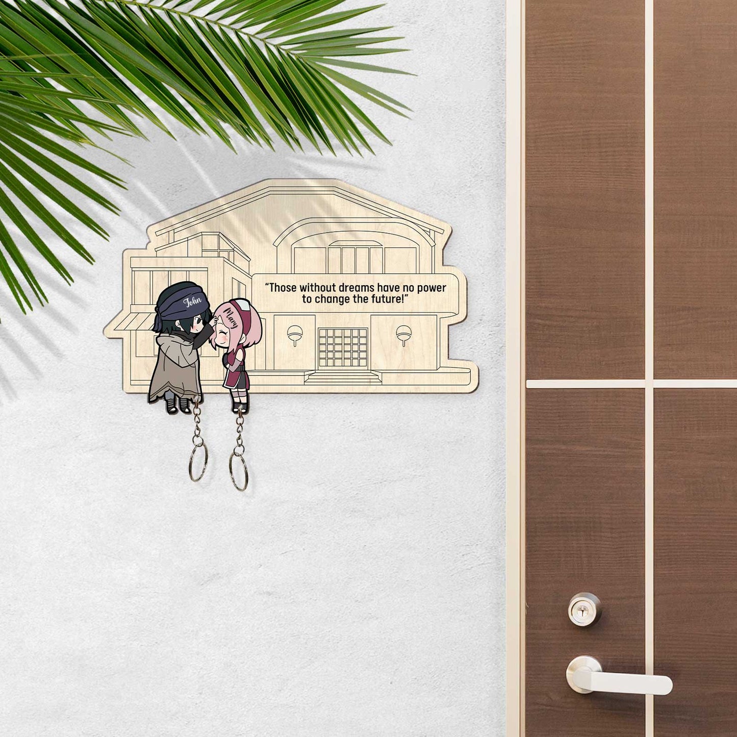 Personalized couple keychain featuring cartoon characters with inspirational quote and house-shaped holder