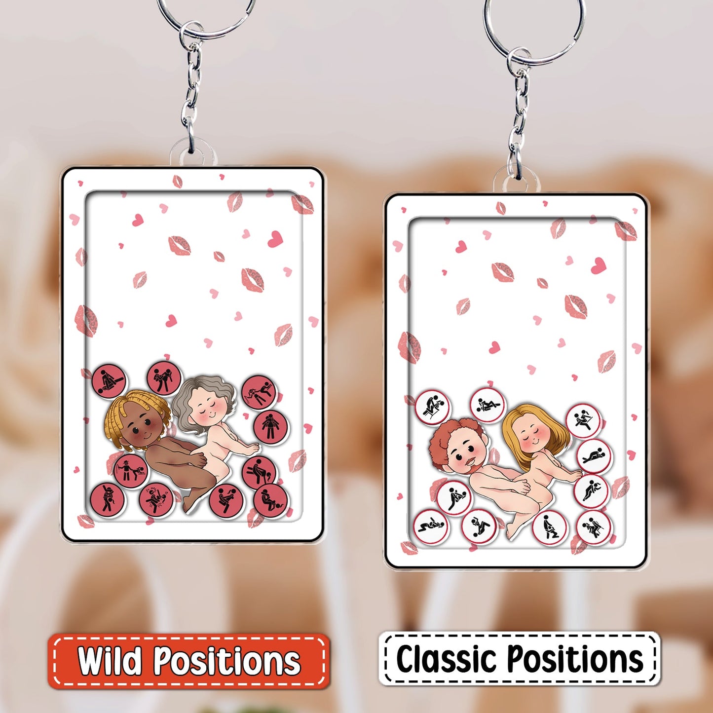 Personalized couple keychain set by 365Gifty featuring cartoon couples in wild and classic positions with kiss marks background