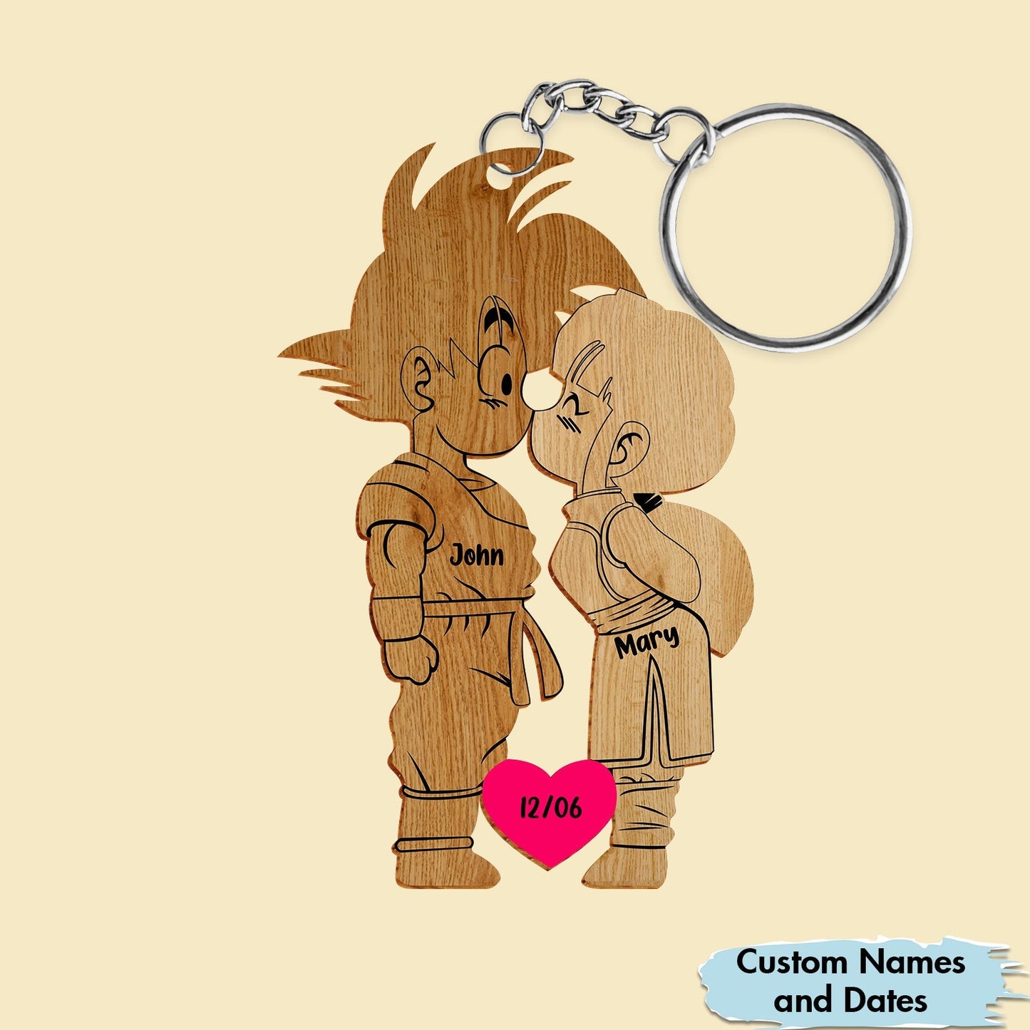 Personalized couple keychain featuring custom names and dates in a unique wooden design