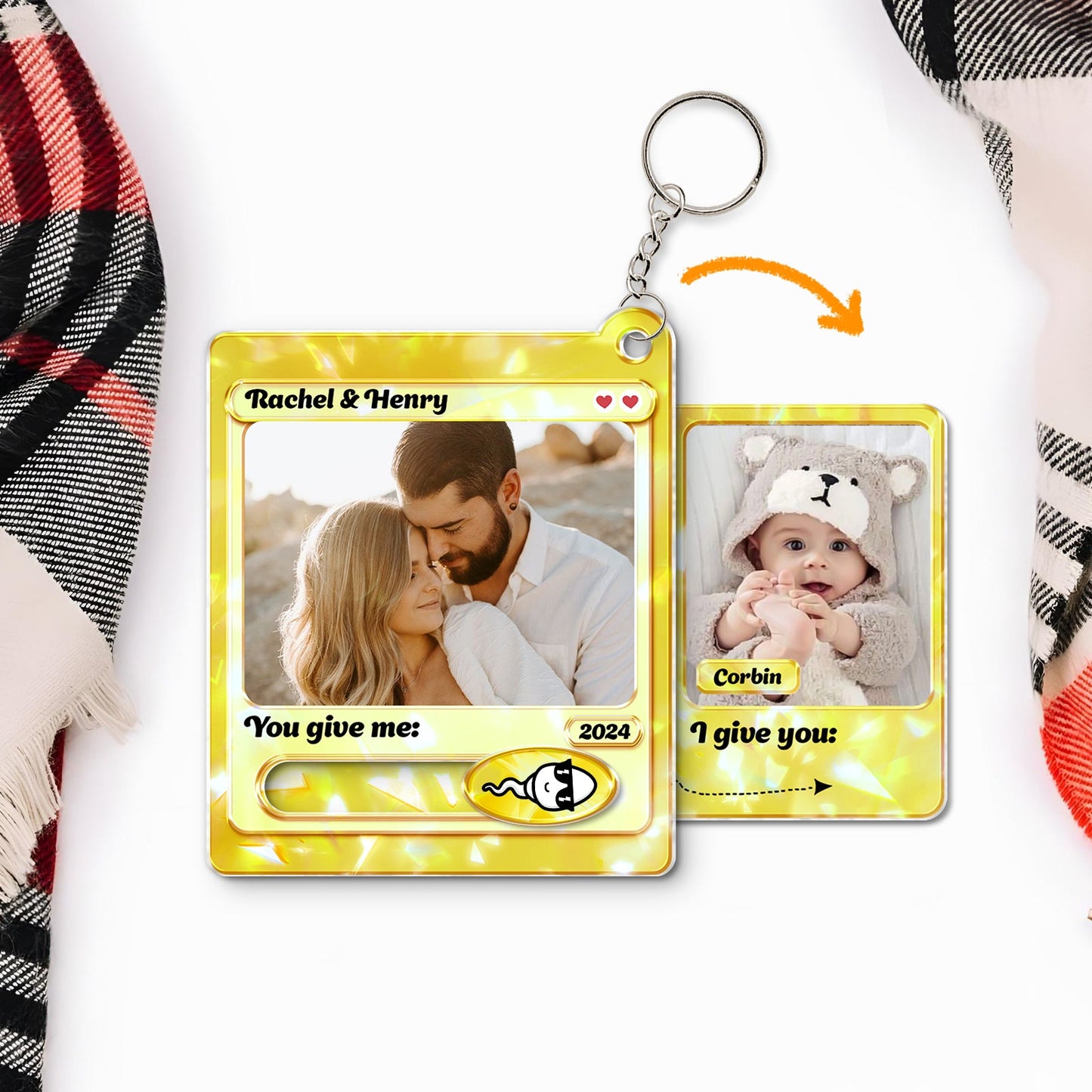 Personalized couple keychain with custom photos and names in a yellow card design for couples