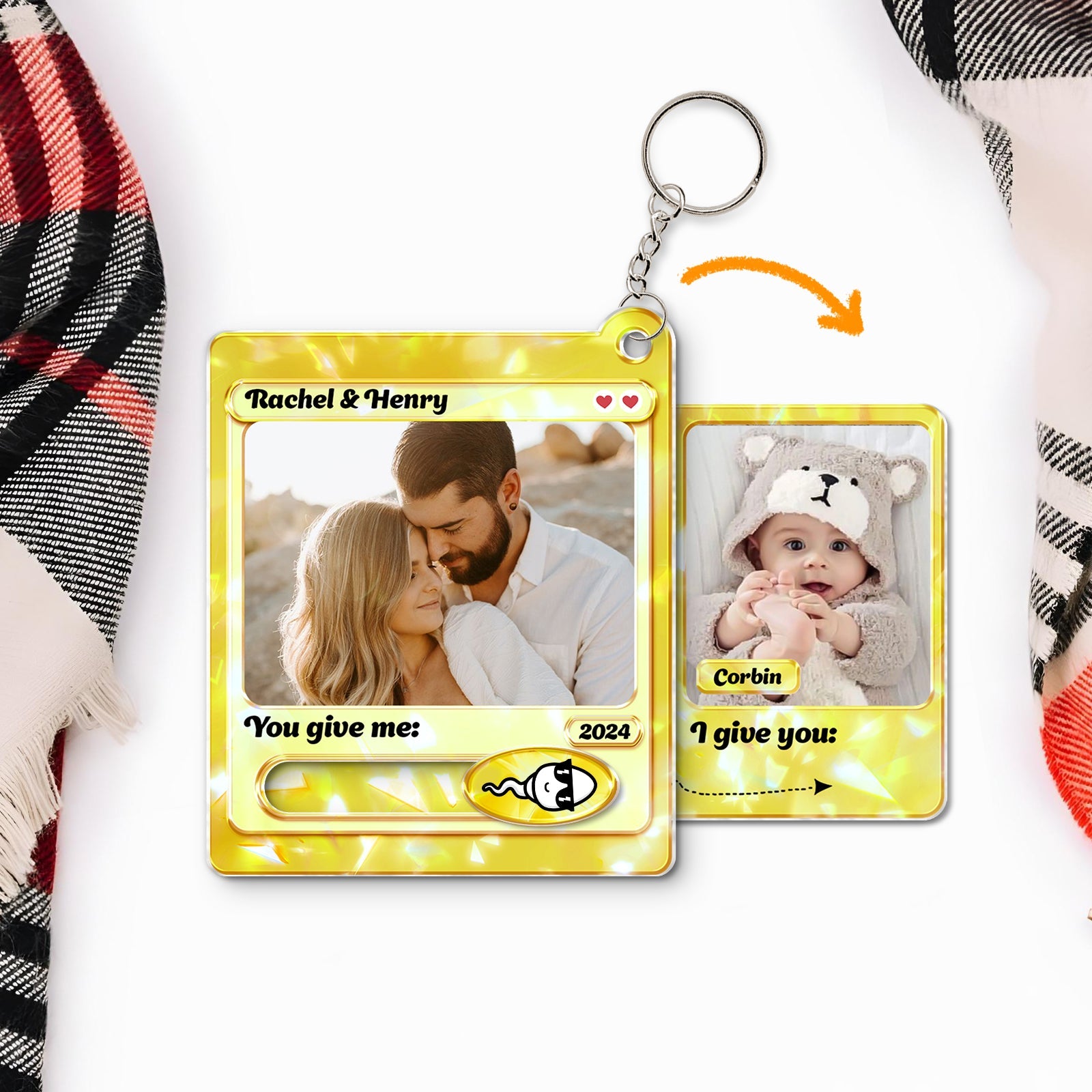 Personalized couple keychain with custom photos and names in a yellow card design for couples