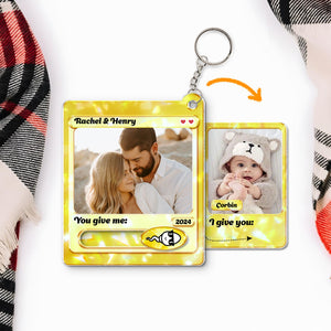 Personalized couple keychain with custom photos and names in a yellow card design for couples