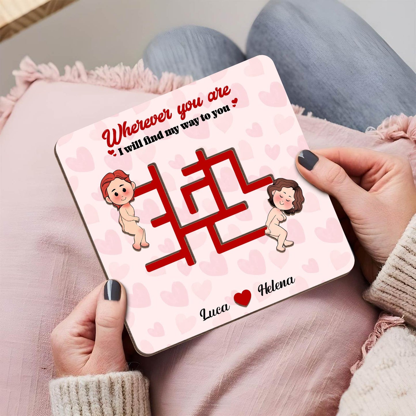 Personalized couple maze plaque with cupid characters and custom names Luca and Helena