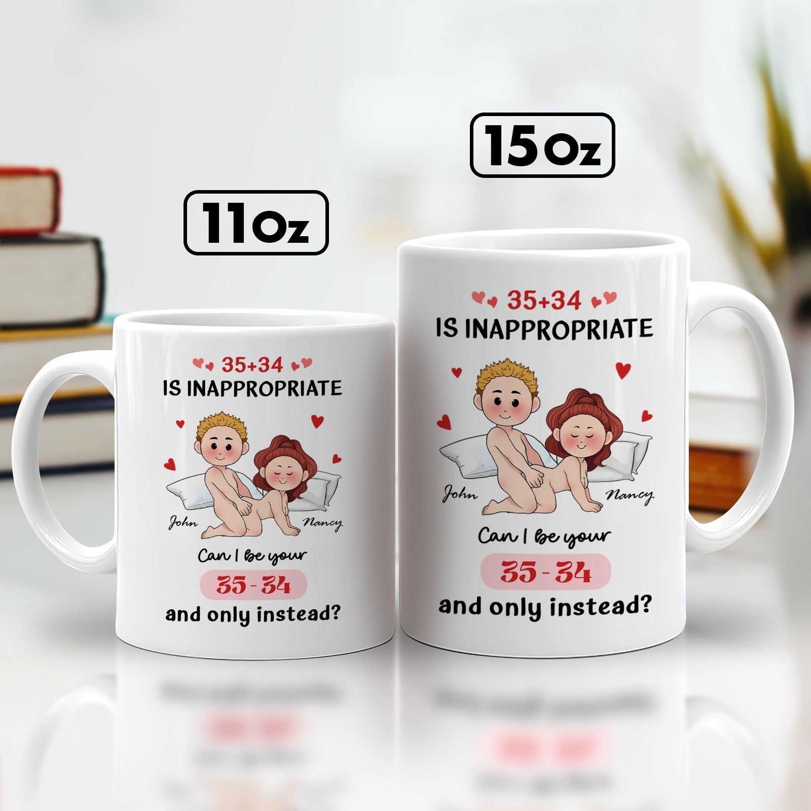 Personalized couple mug featuring playful design with humorous text and cartoon characters for couples