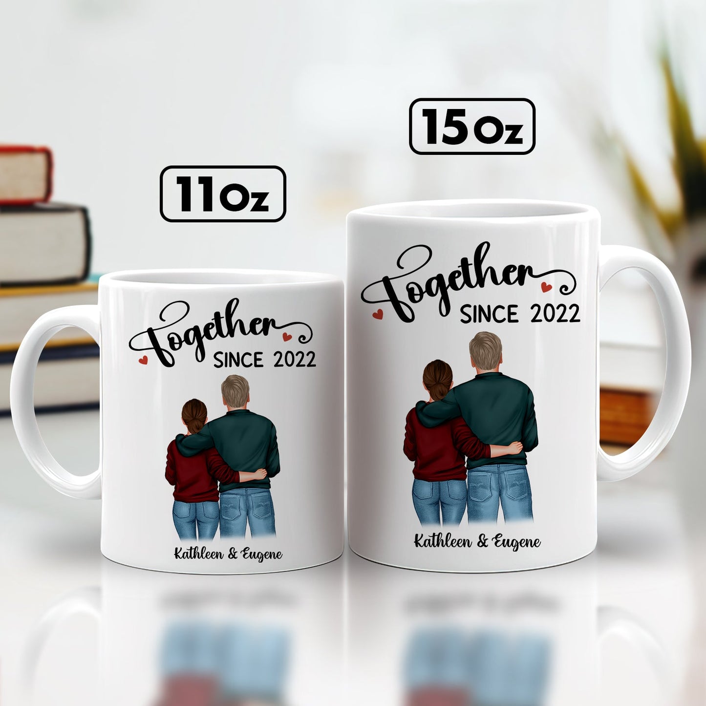 365Gifty personalized couple mug set with 11oz and 15oz sizes featuring a couple illustration and Together since 2022 text