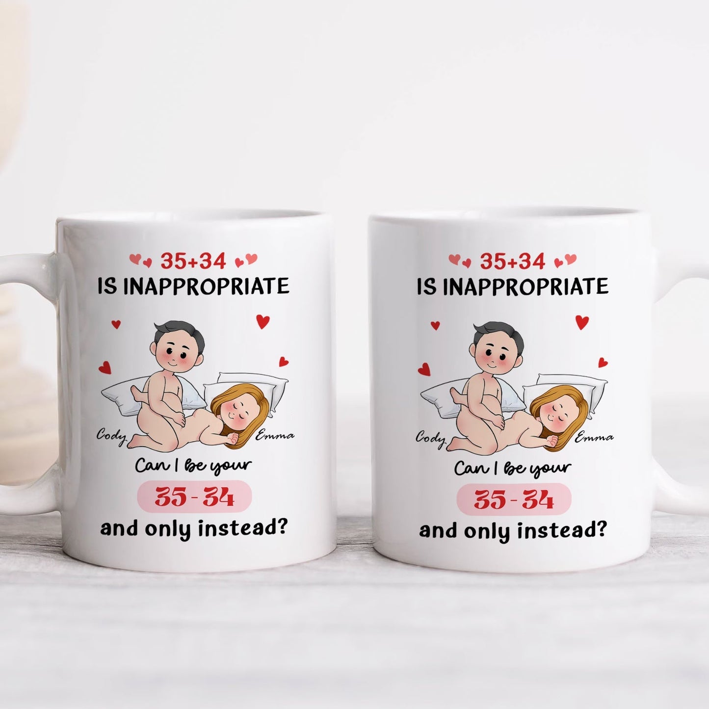 Personalized couple mug featuring playful couple illustration and custom text for special occasions