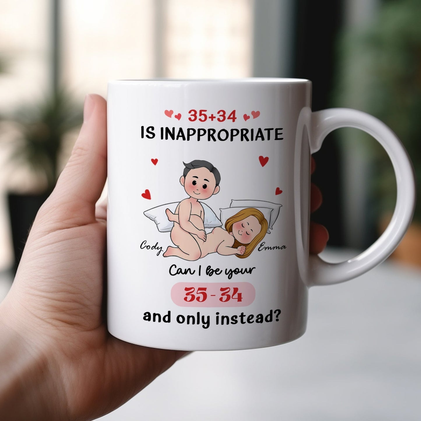 Personalized couple mug featuring playful cartoon couple with custom names and humorous text
