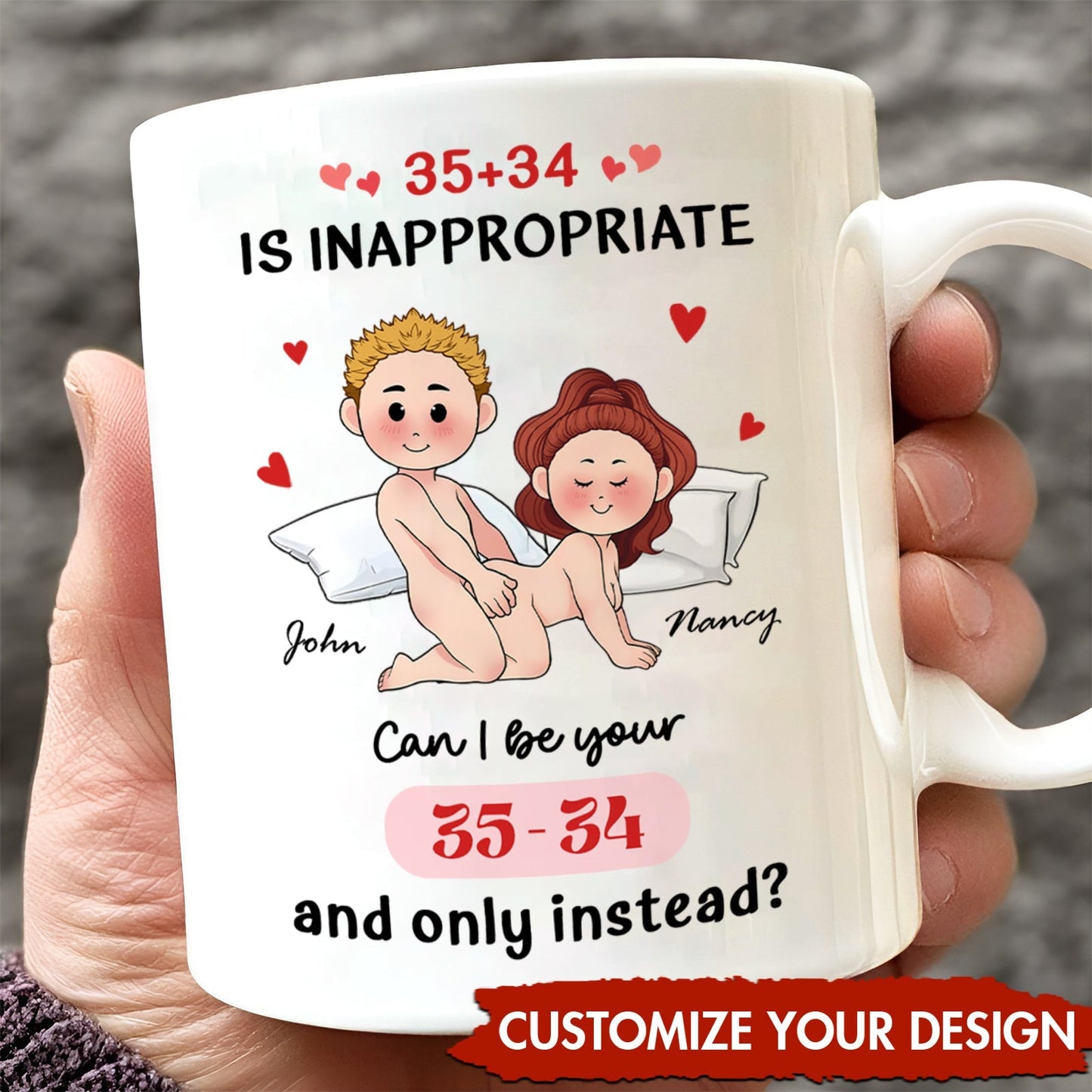 Personalized couple mug featuring cartoon characters with playful text for customized gift options