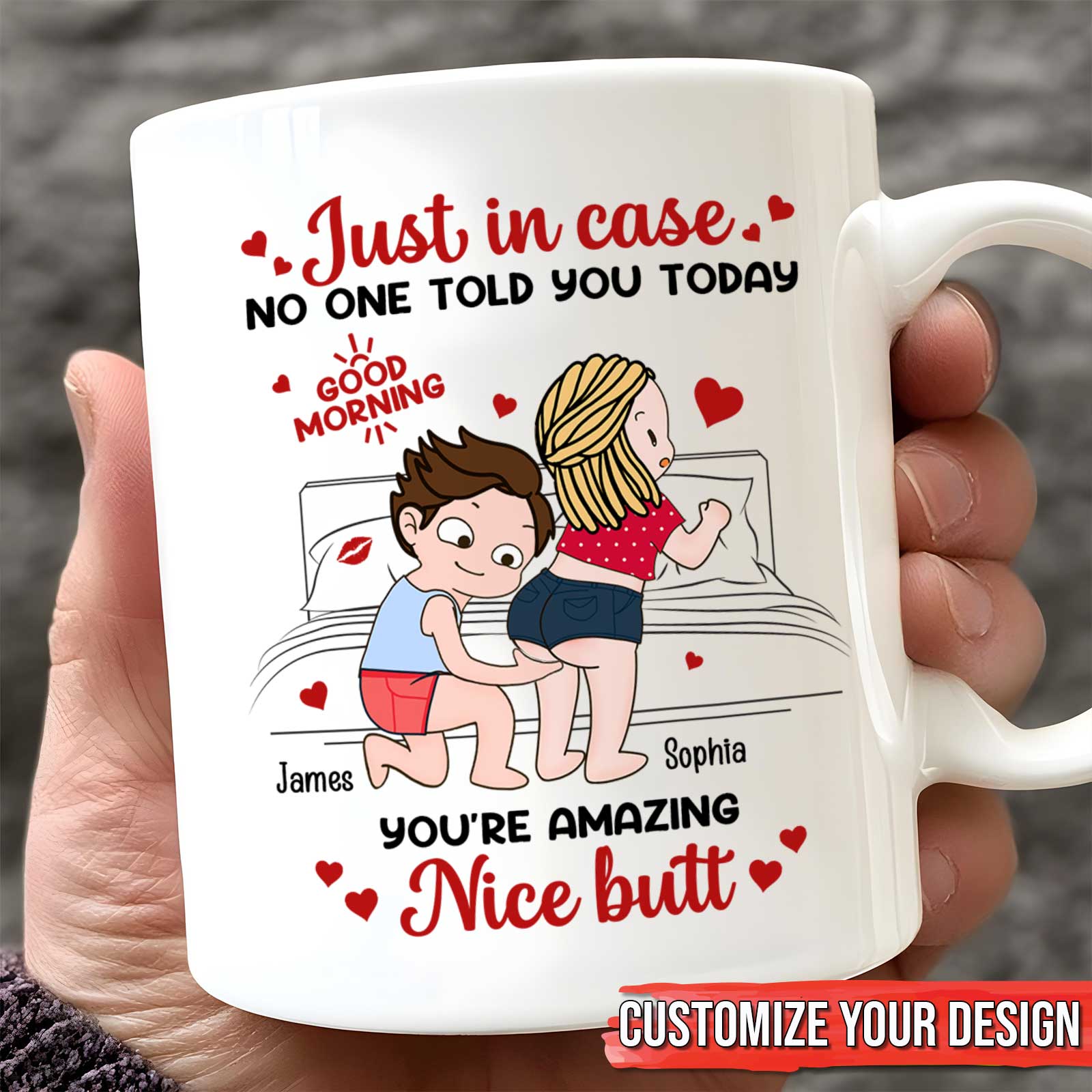 Personalized couple mug featuring a playful message and customizable names for a fun gift