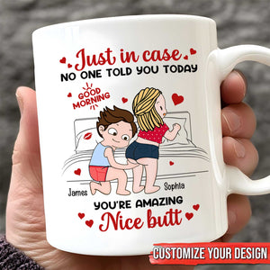 Personalized couple mug featuring a playful message and customizable names for a fun gift