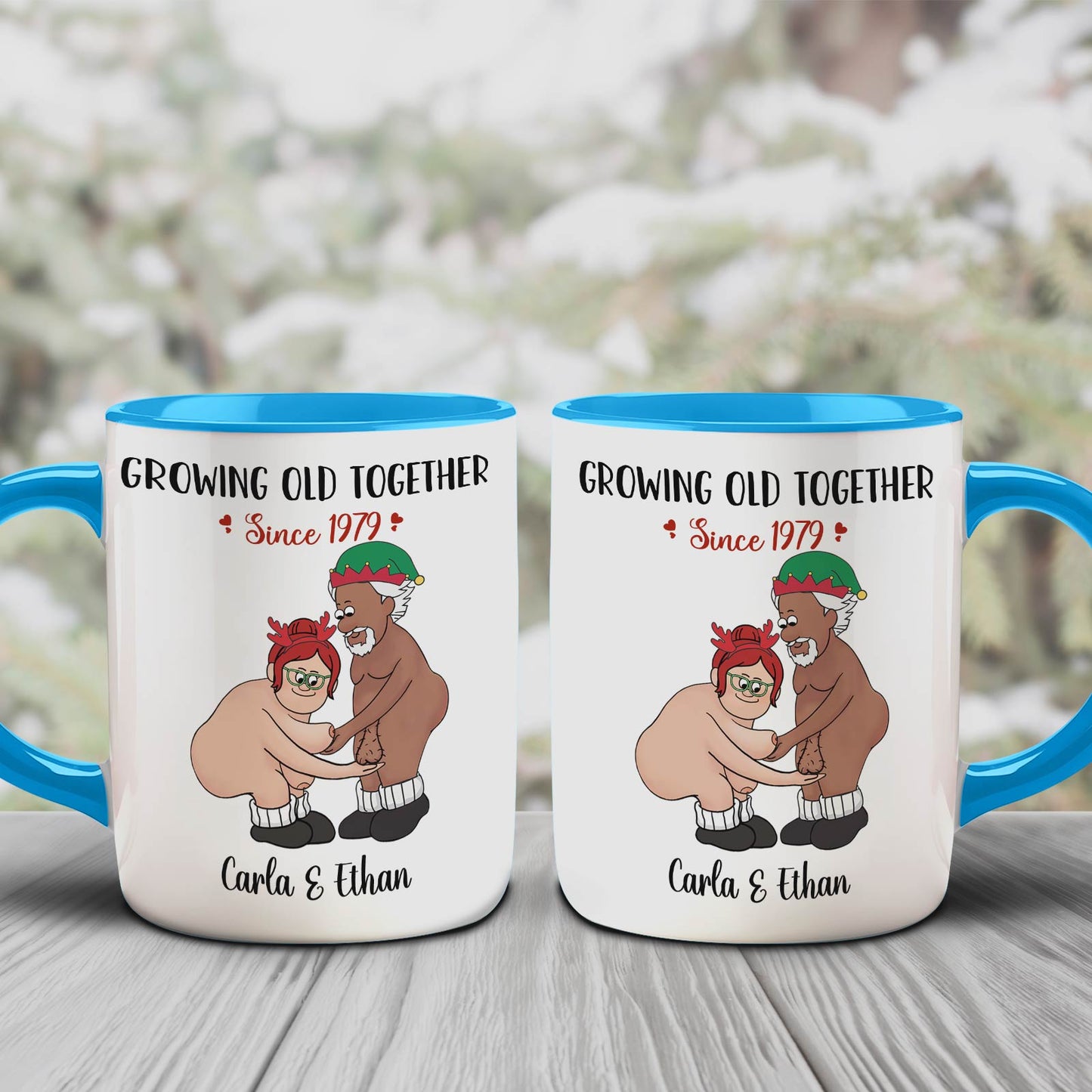 365Gifty personalized couple mug with cartoon couple and text Growing Old Together Since 1979 Carla and Ethan