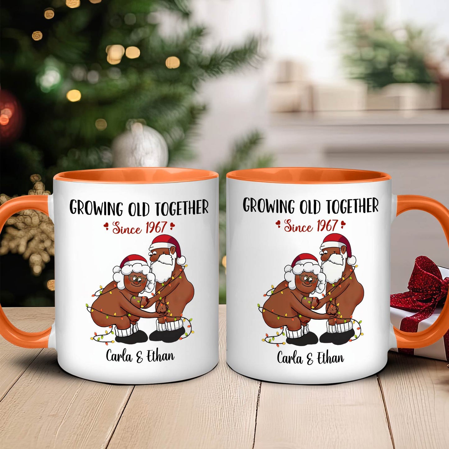 Personalized couple mug with cartoon elderly couple in Santa hats and text Growing Old Together Since 1967