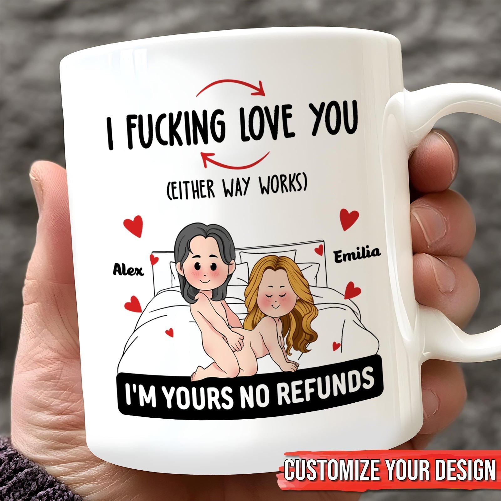 Personalized couple mug with funny quote and custom names for a unique gift