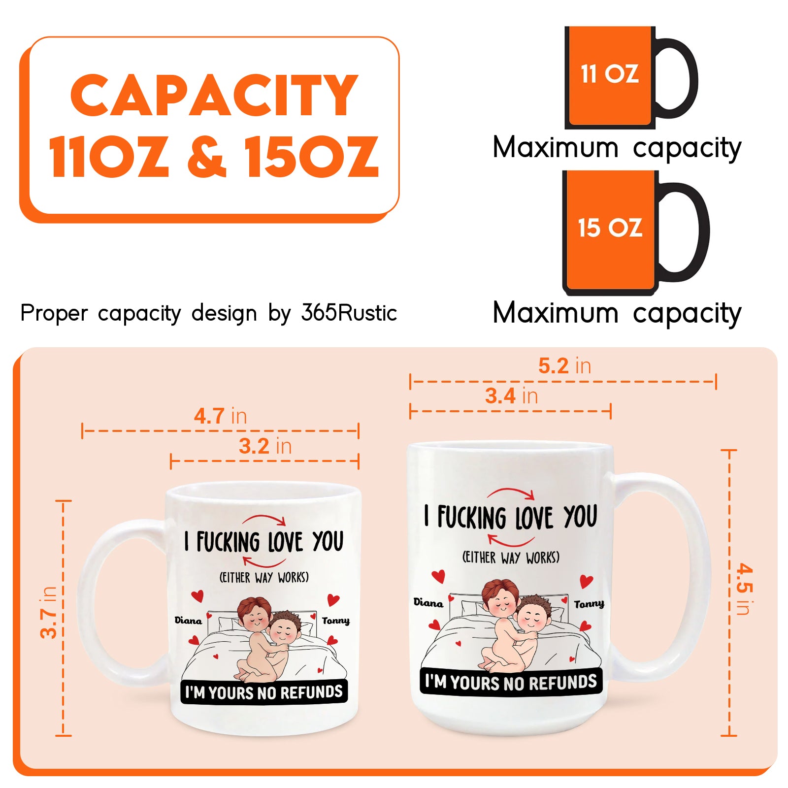 Personalized couple mug with funny quote and cute couple illustration, available in 11oz and 15oz sizes