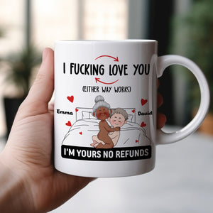 Personalized couple mug featuring cartoon couple in bed with humorous love text and custom names