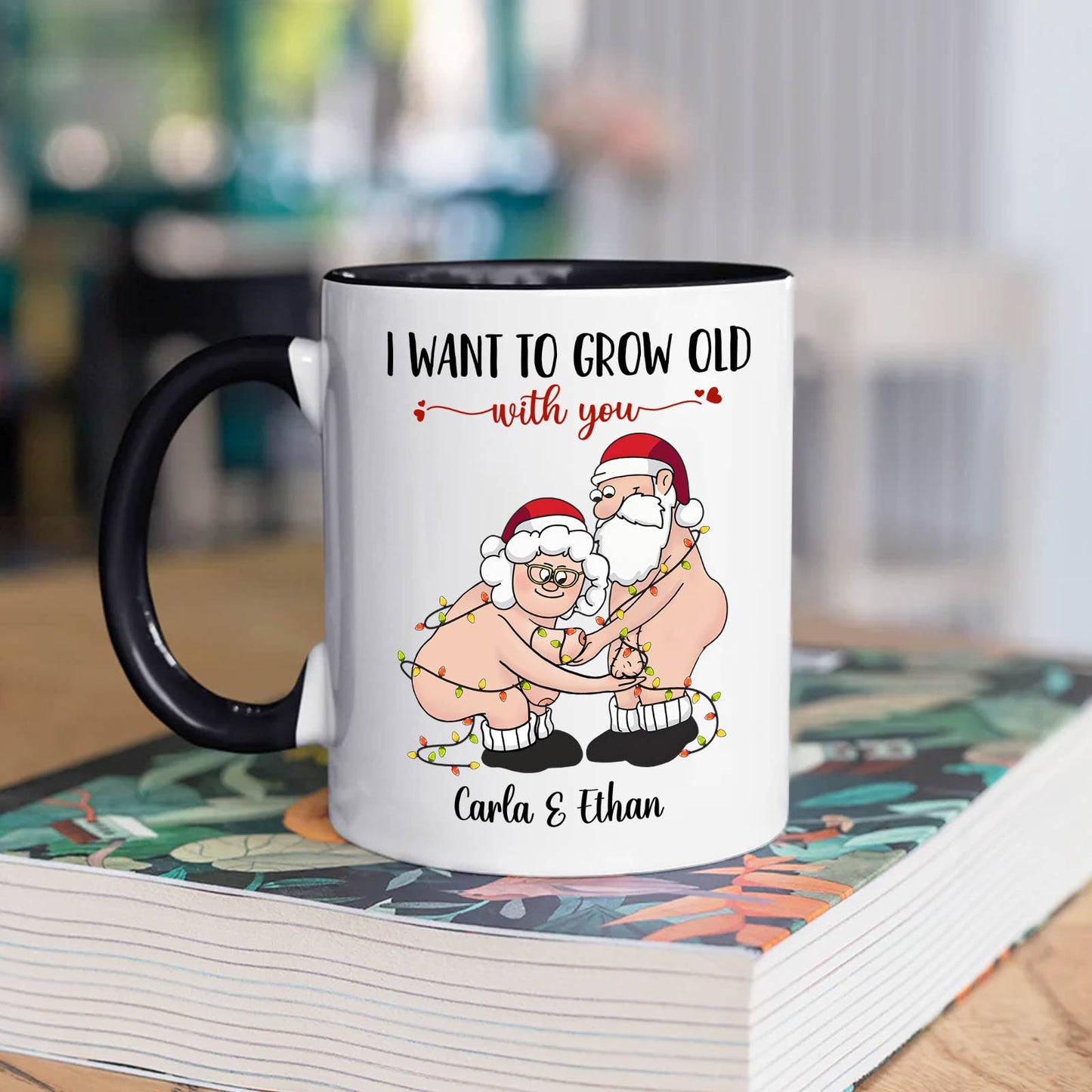 365Gifty personalized couple mug with cute elderly couple in Santa hats and custom names Carla and Ethan