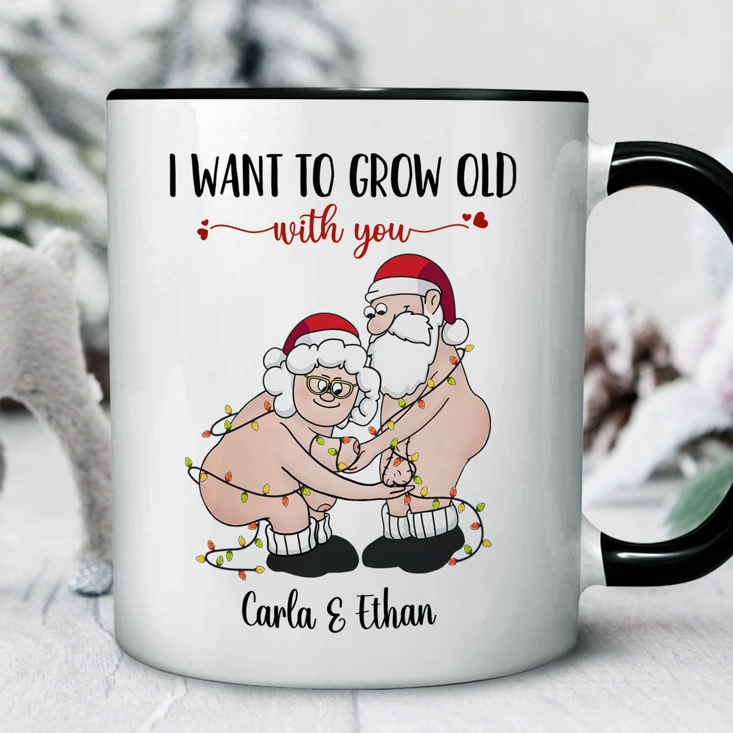 365Gifty personalized couple mug with cartoon elderly couple wrapped in Christmas lights and custom names Carla and Ethan
