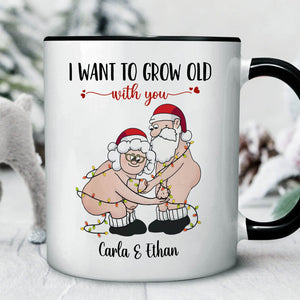 365Gifty personalized couple mug with cartoon elderly couple wrapped in Christmas lights and custom names Carla and Ethan