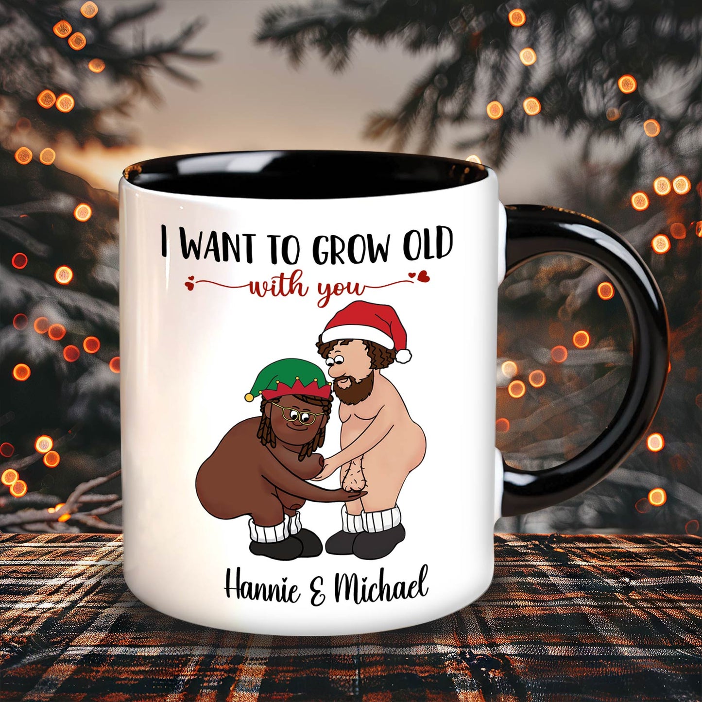 365Gifty personalized couple mug with cartoon couple and I want to grow old with you text