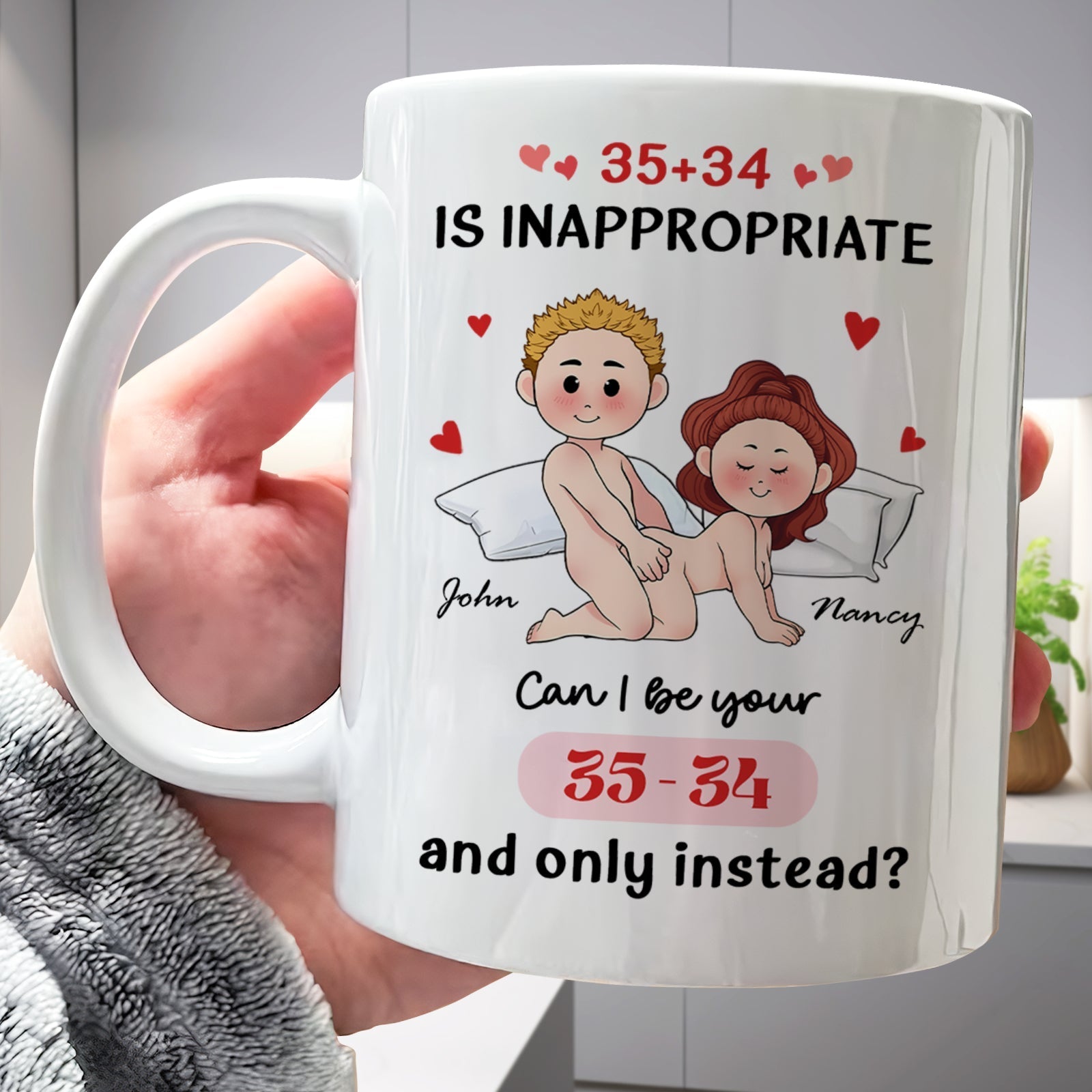 Personalized couple mug featuring playful cartoon characters and a humorous message for couples