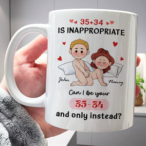 Personalized couple mug featuring playful cartoon characters and a humorous message for couples