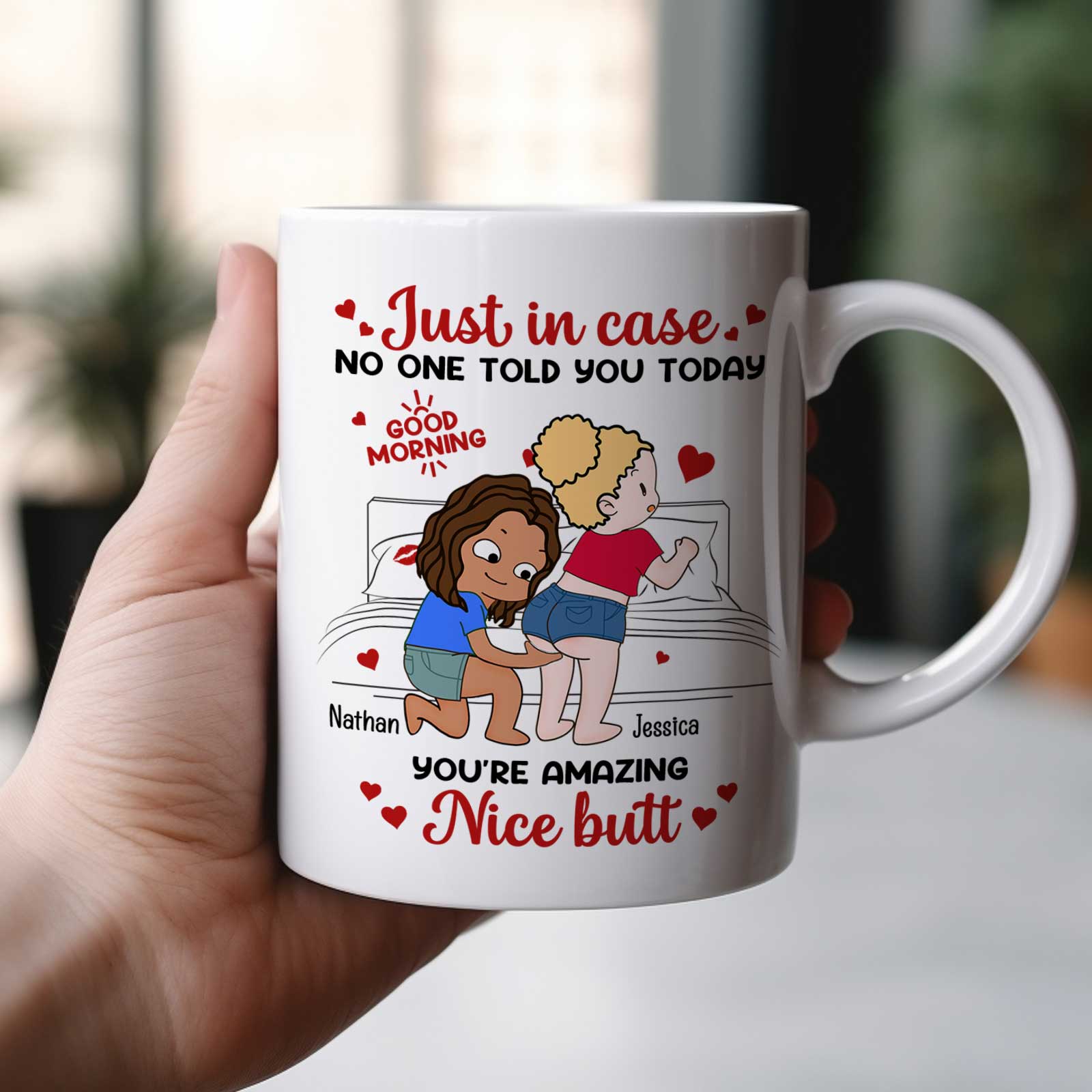 Personalized couple mug featuring a cute design with cartoon characters and a loving message