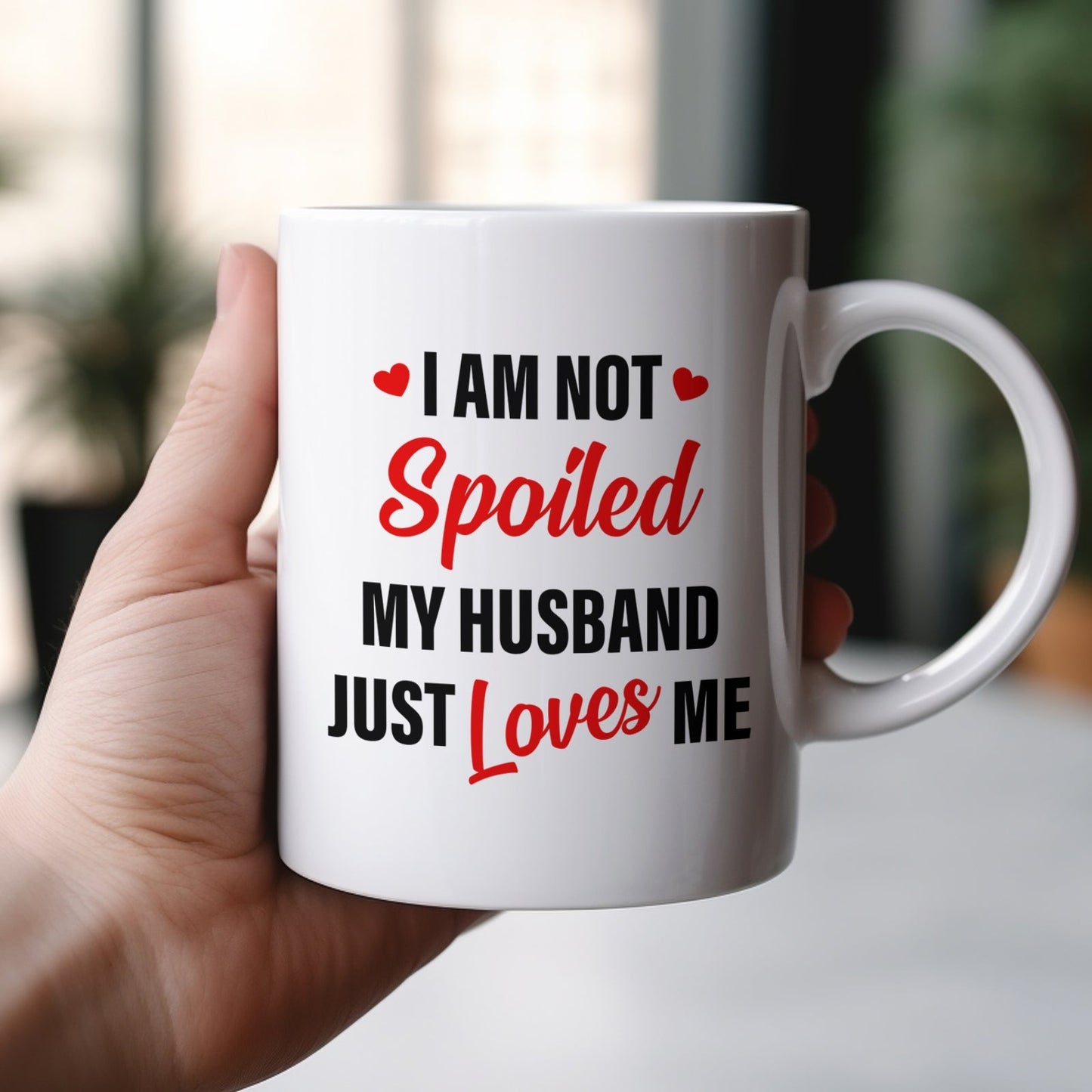 Personalized couple mug with humorous text about love and affection for a spouse