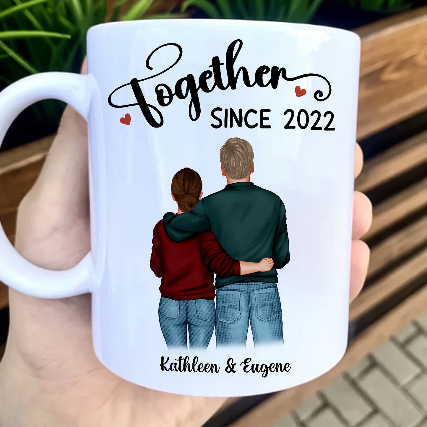 Personalized couple mug with together since 2022 design and custom names Kathleen and Eugene