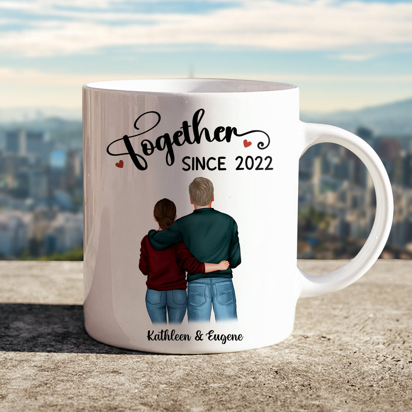 Personalized couple mug with illustration of a couple and text together since 2022 by 365Gifty