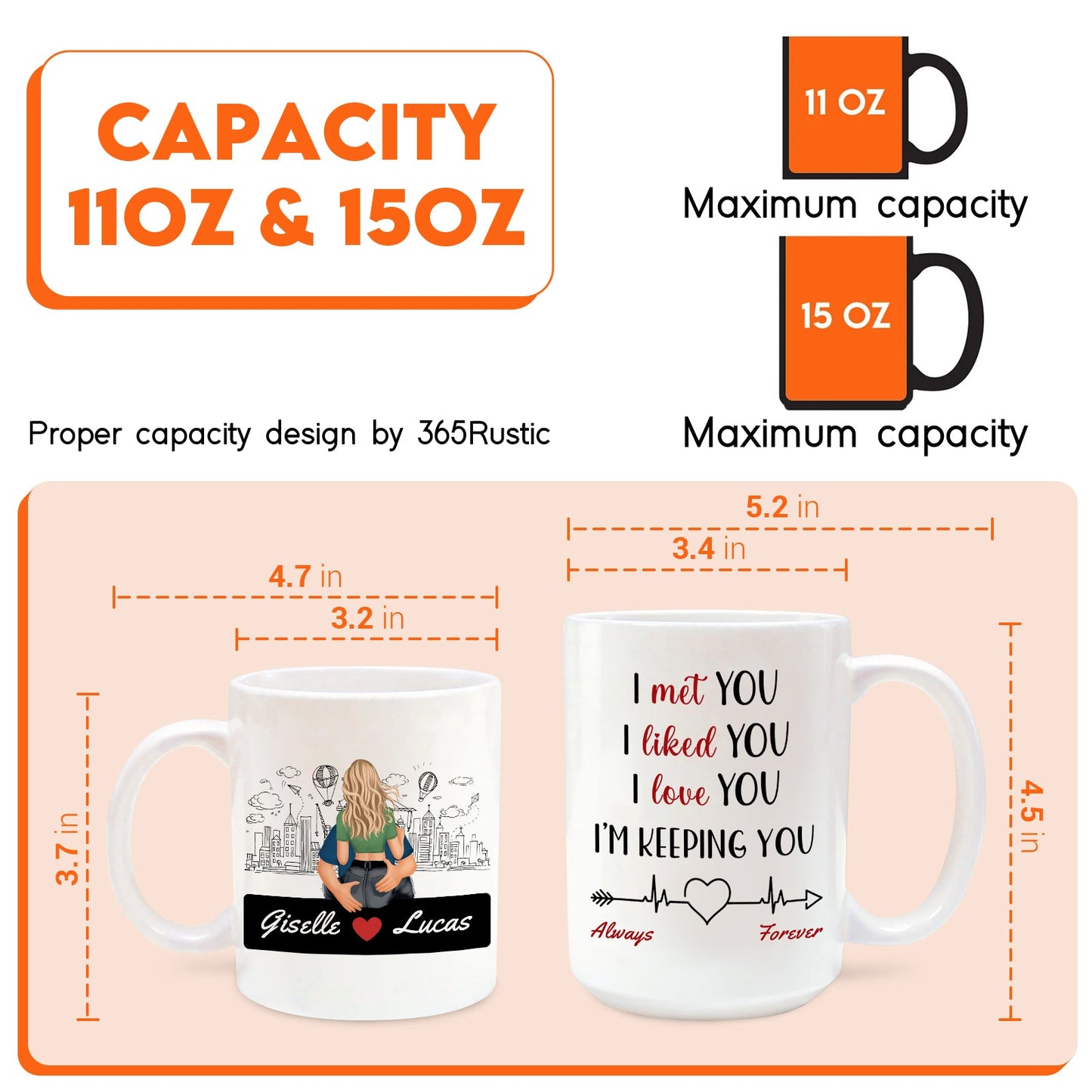 Personalized couple mugs with different capacities highlighting unique designs and measurements