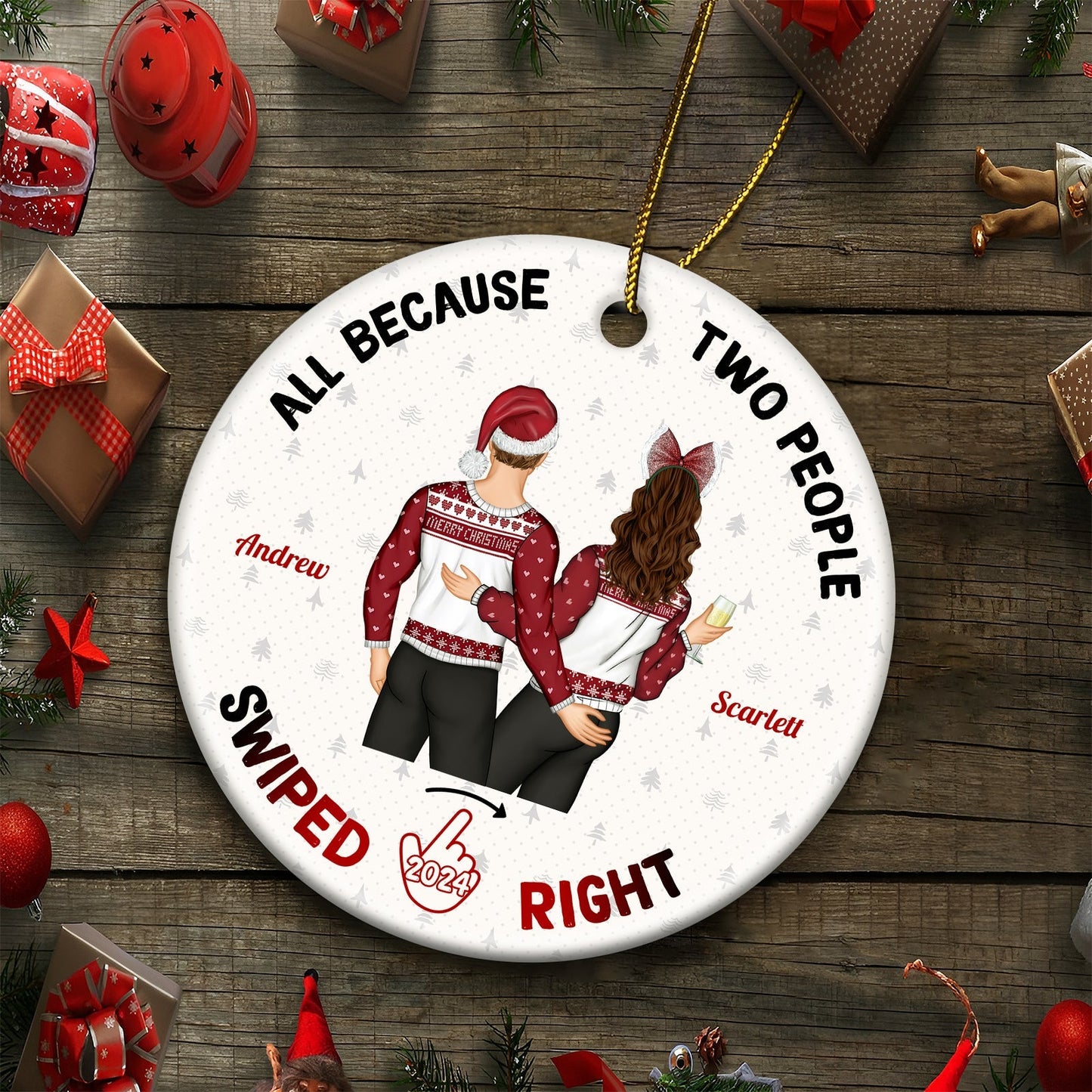 365Gifty personalized couple ornament showing a couple in holiday sweaters with names Andrew and Scarlett