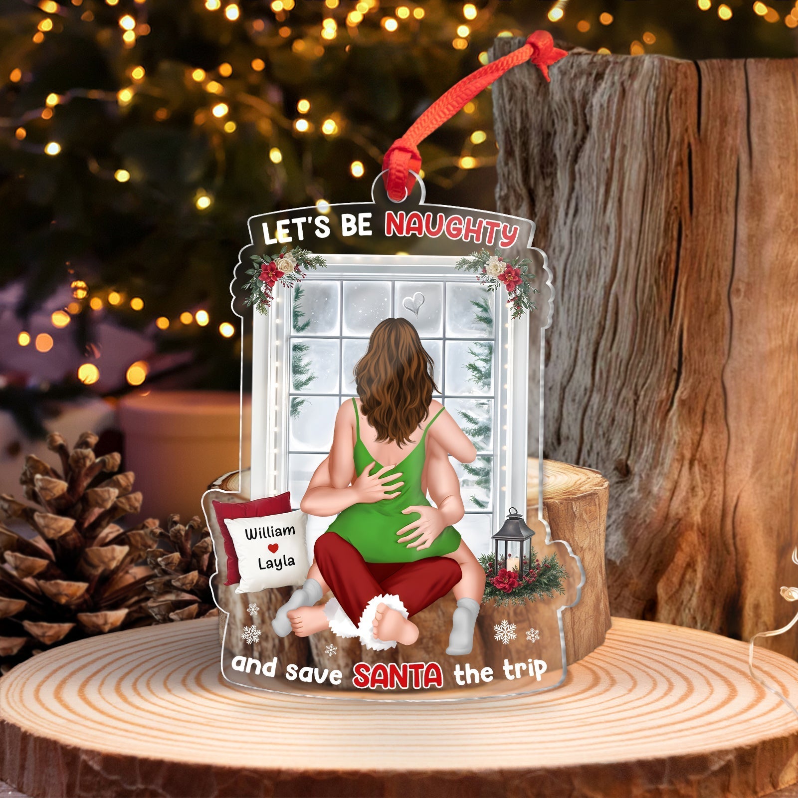 365Gifty personalized couple ornament with a festive design showing a couple hugging by a window with Christmas decor