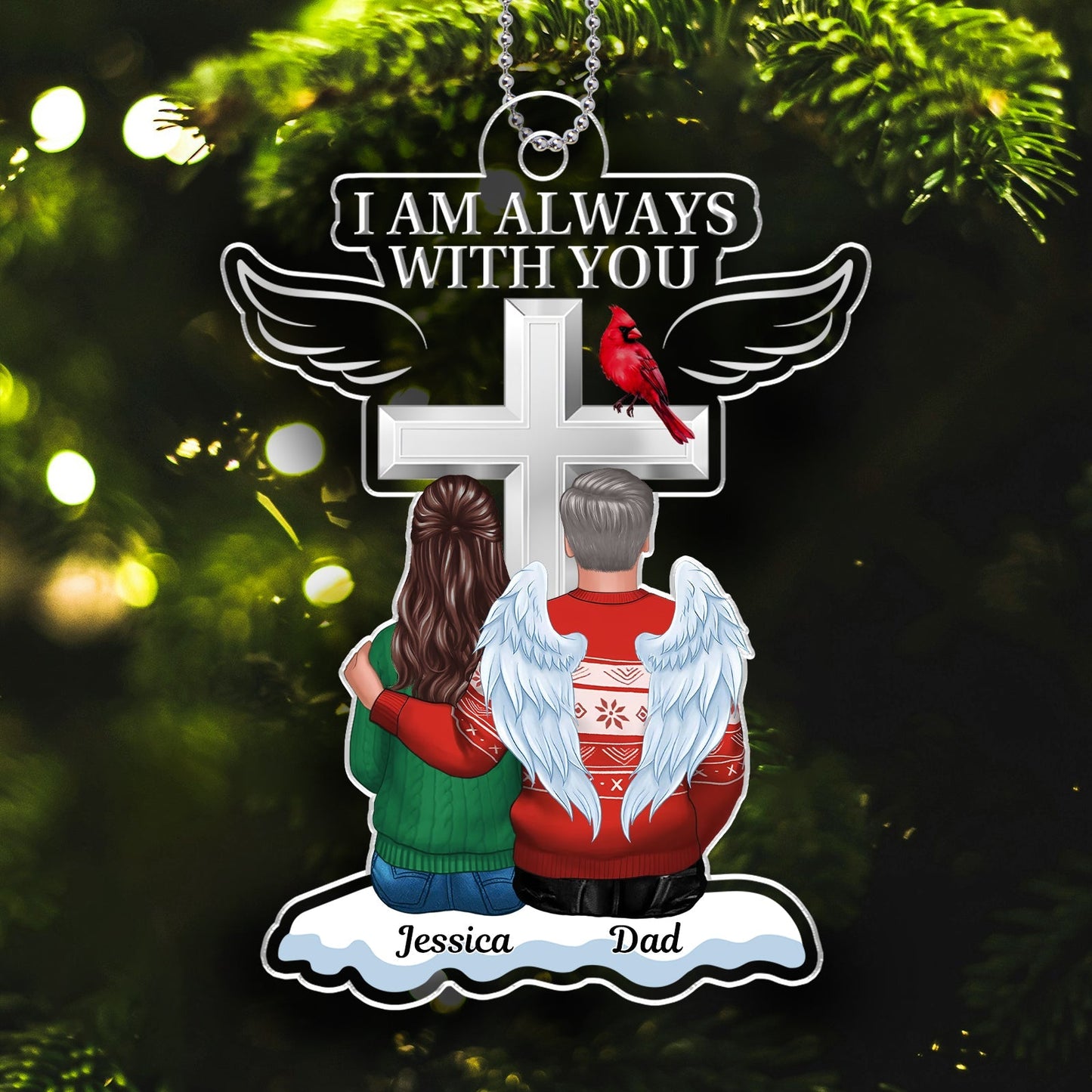Personalized couple ornament with angel wings, cross, and custom names Jessica and Dad