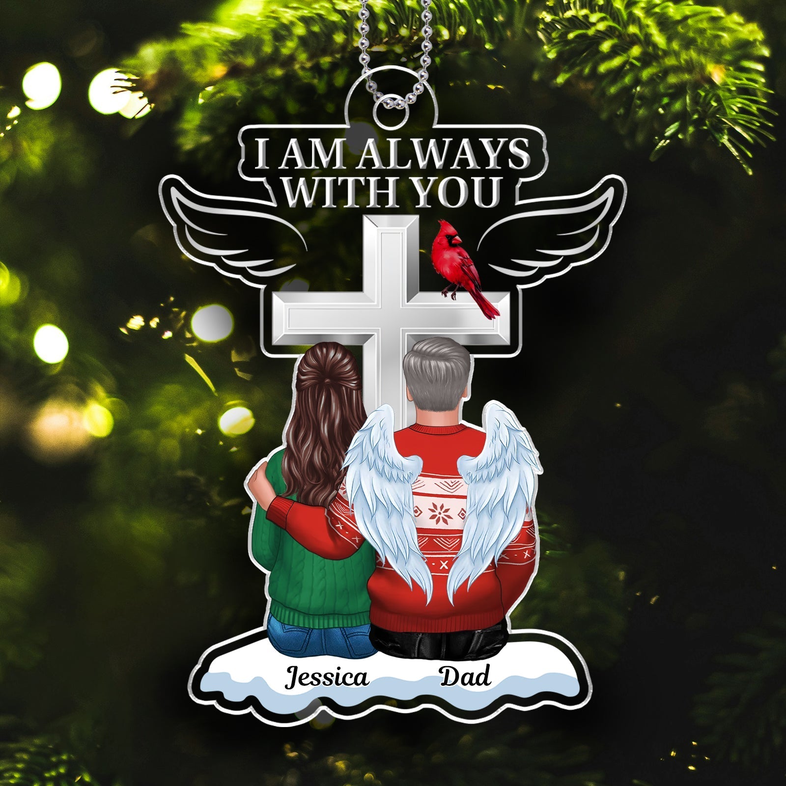 Personalized couple ornament with angel wings, cross, and custom names Jessica and Dad
