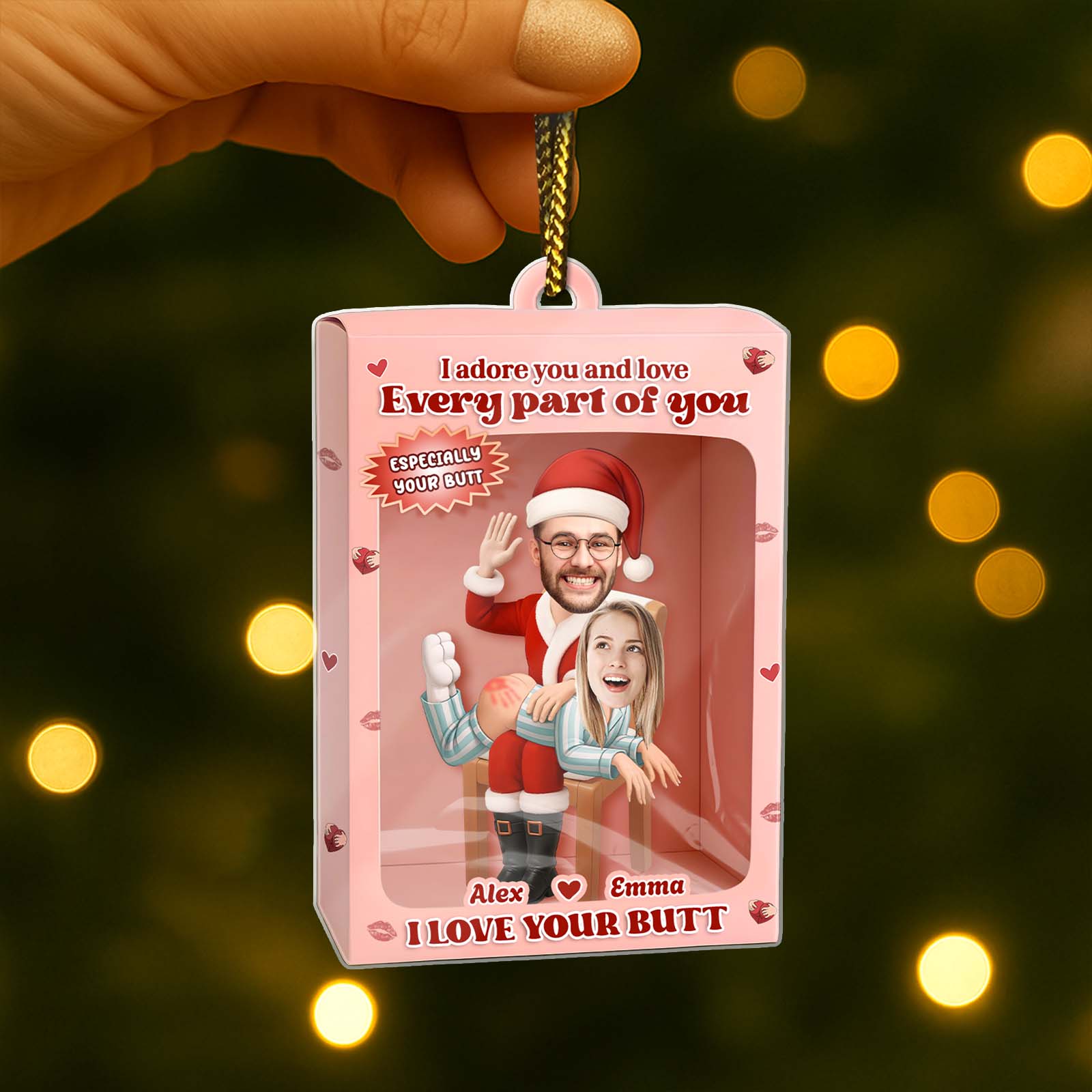 Personalized couple ornament gift featuring custom names and playful messages for holiday decor