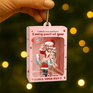 Personalized couple ornament gift featuring custom names and playful messages for holiday decor